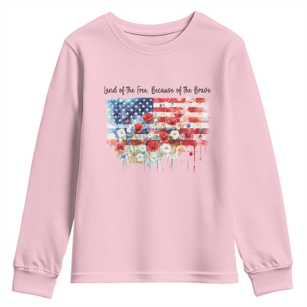 Funny 4th Of July Land Of The Free Because Of The Brave Youth Sweatshirt American Flag Flowers TS11 Light Pink Print Your Wear