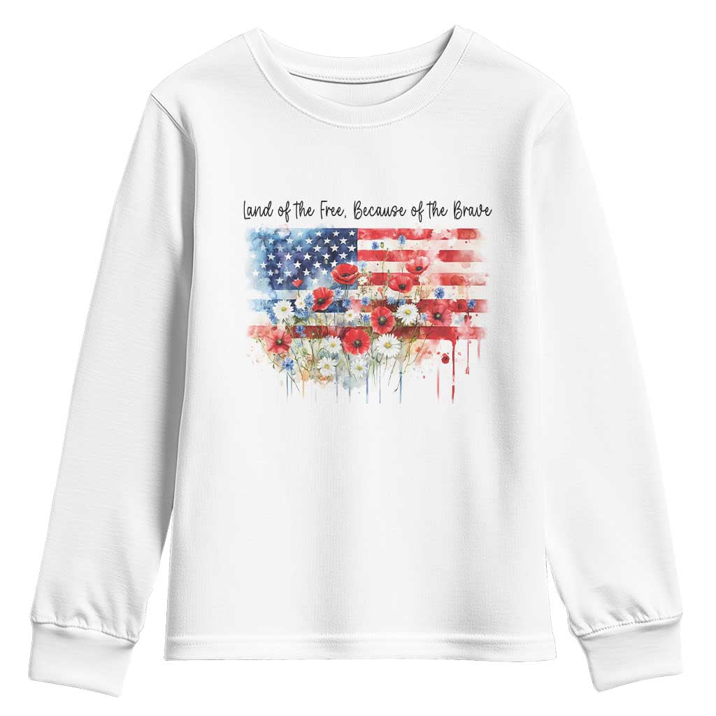 Funny 4th Of July Land Of The Free Because Of The Brave Youth Sweatshirt American Flag Flowers TS11 White Print Your Wear