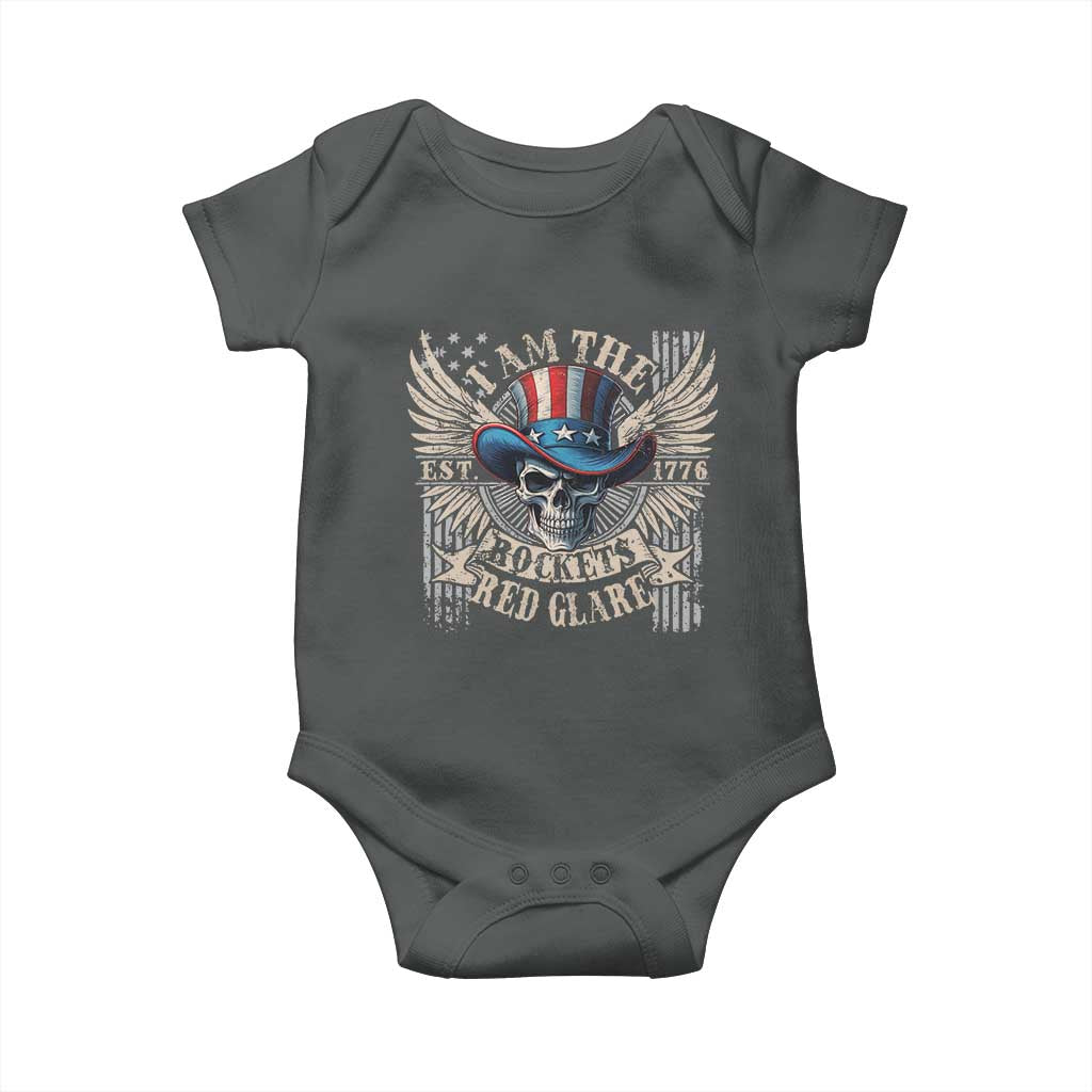 Funny 4th Of July Patriotic Skull Baby Onesie I Am The Rockets Red Glare EST 1776 TS11 Dark Heather Print Your Wear