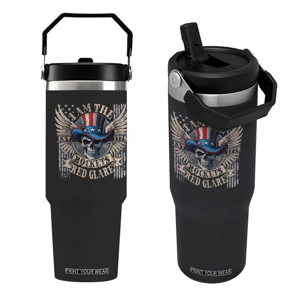 Funny 4th Of July Patriotic Skull Flip Straw Tumbler I Am The Rockets Red Glare EST 1776 TS11 One Size: 30 oz Black Print Your Wear
