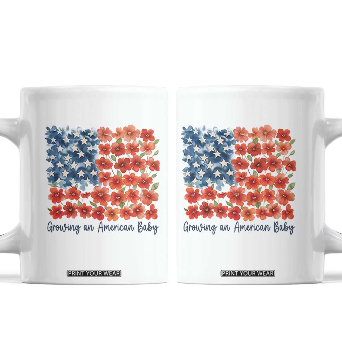 Funny 4th Of July Pregnancy Announcement Coffee Mug Growing An American Baby USA Flag Flowers TS11 White Print Your Wear