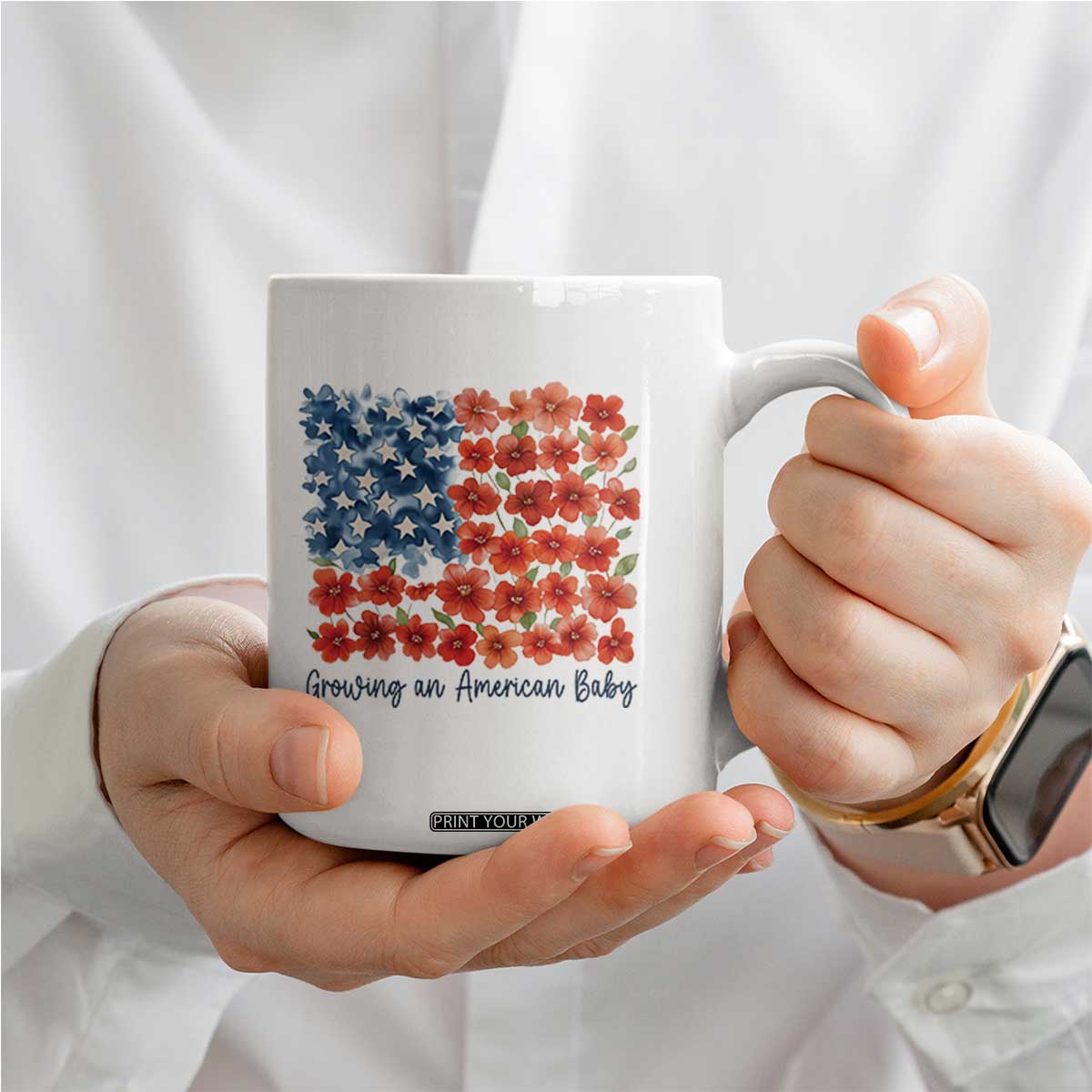 Funny 4th Of July Pregnancy Announcement Coffee Mug Growing An American Baby USA Flag Flowers TS11 Print Your Wear