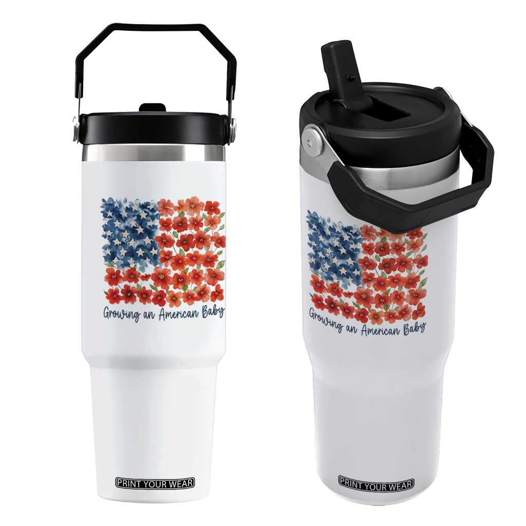 Funny 4th Of July Pregnancy Announcement Flip Straw Tumbler Growing An American Baby USA Flag Flowers TS11 One Size: 30 oz White Print Your Wear