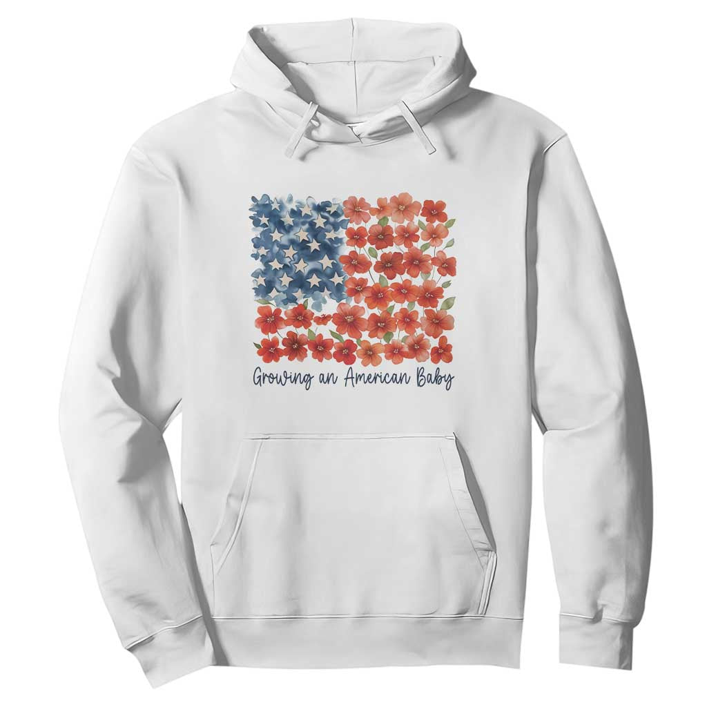 Funny 4th Of July Pregnancy Announcement Hoodie Growing An American Baby USA Flag Flowers TS11 White Print Your Wear