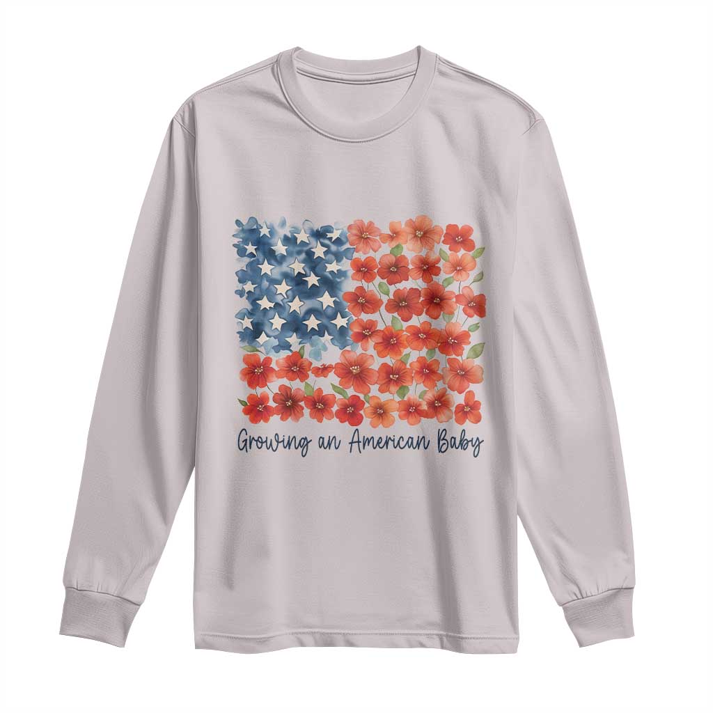 Funny 4th Of July Pregnancy Announcement Long Sleeve Shirt Growing An American Baby USA Flag Flowers TS11 Ice Gray Print Your Wear