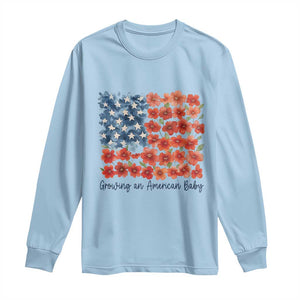 Funny 4th Of July Pregnancy Announcement Long Sleeve Shirt Growing An American Baby USA Flag Flowers TS11 Light Blue Print Your Wear