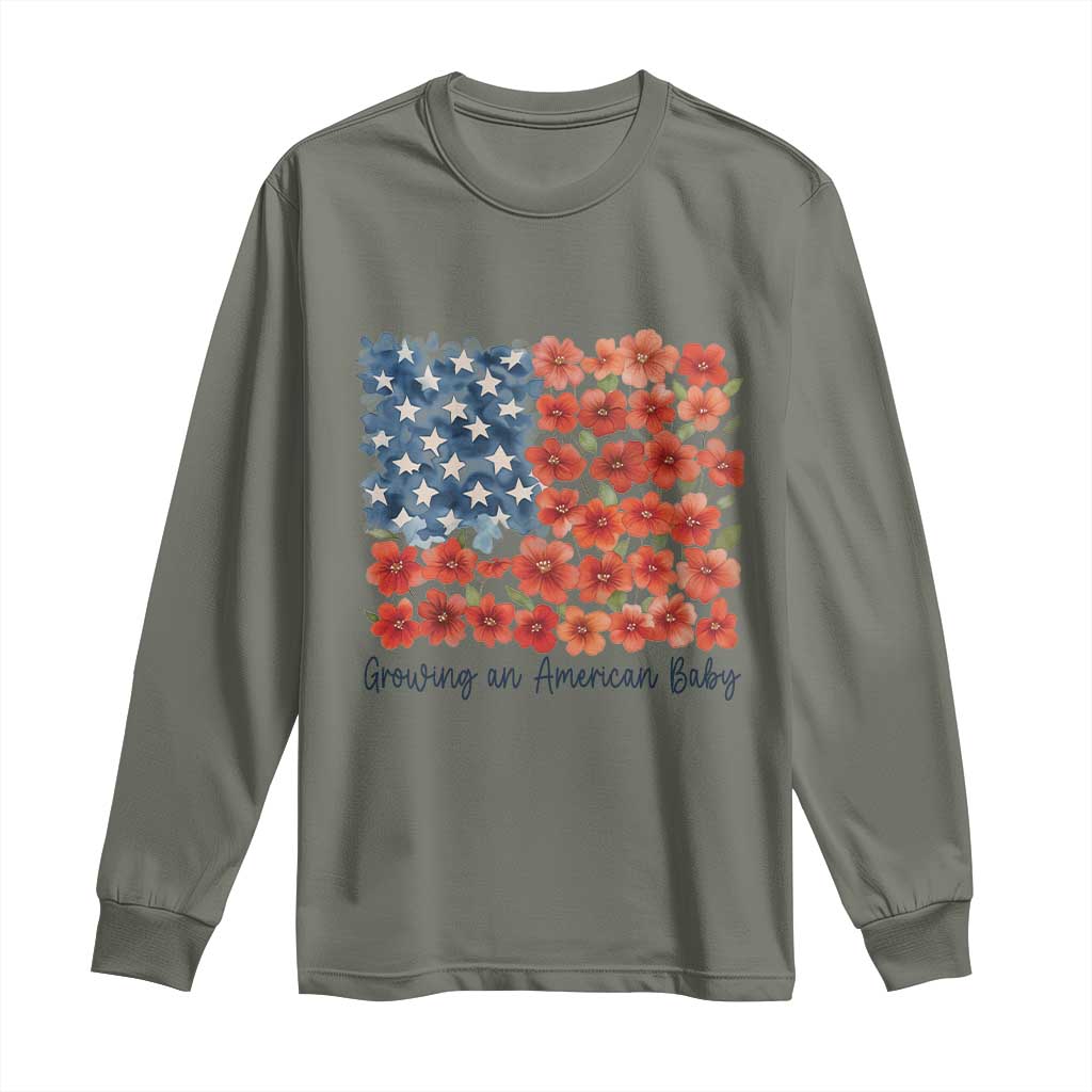 Funny 4th Of July Pregnancy Announcement Long Sleeve Shirt Growing An American Baby USA Flag Flowers TS11 Military Green Print Your Wear