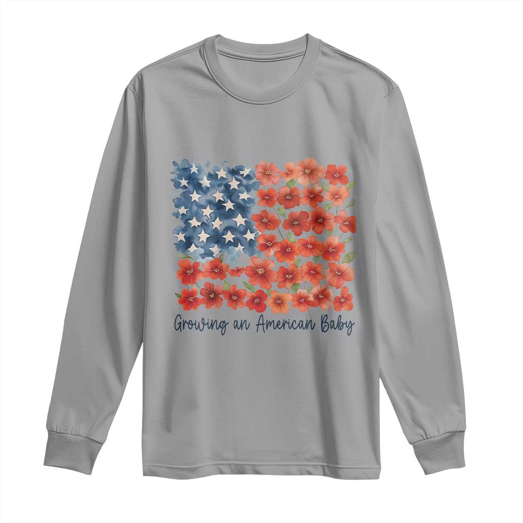 Funny 4th Of July Pregnancy Announcement Long Sleeve Shirt Growing An American Baby USA Flag Flowers TS11 Sport Gray Print Your Wear