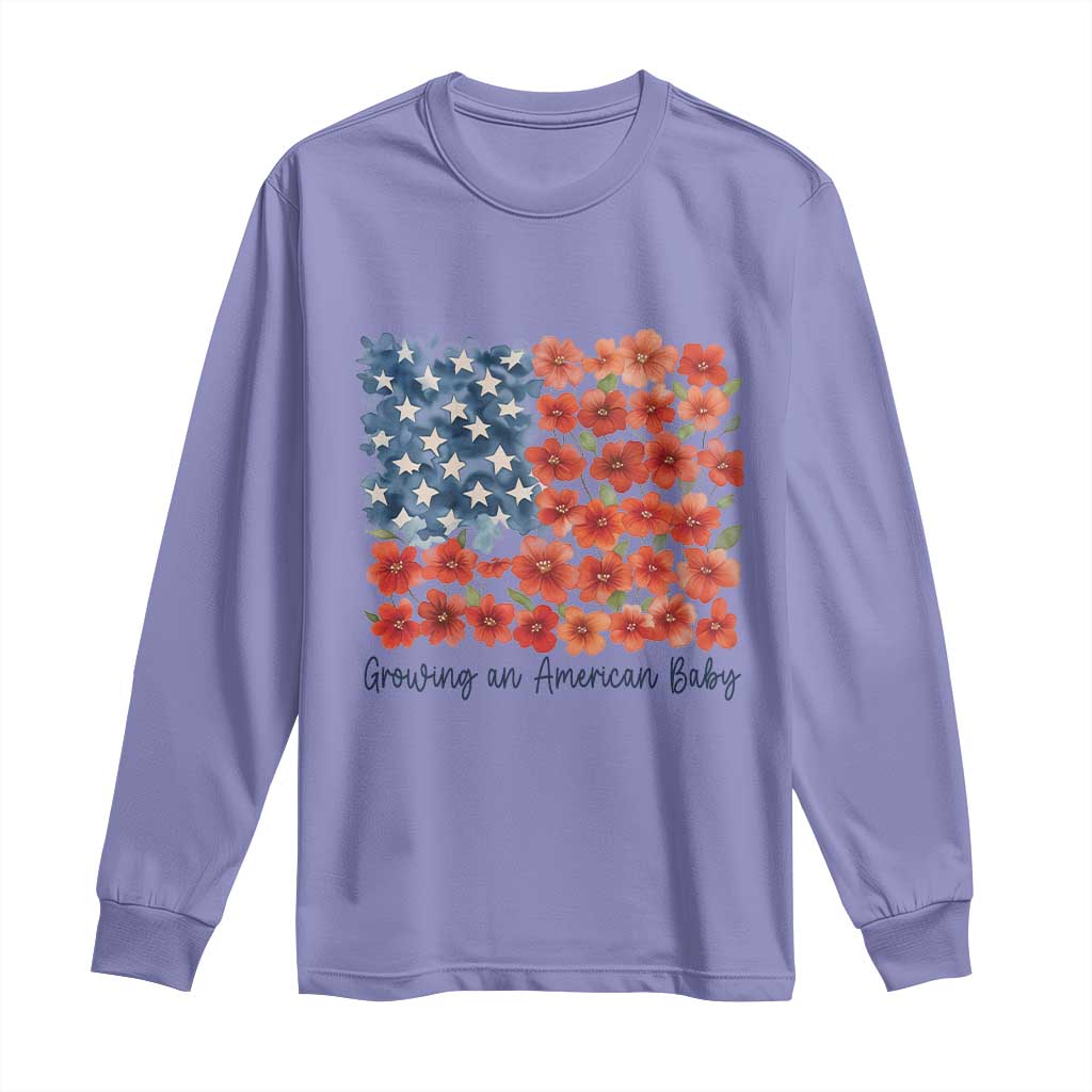 Funny 4th Of July Pregnancy Announcement Long Sleeve Shirt Growing An American Baby USA Flag Flowers TS11 Violet Print Your Wear