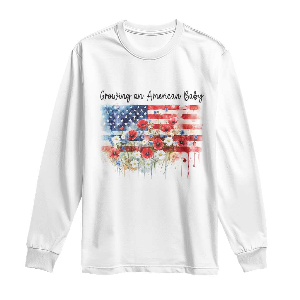 Funny 4th Of July Pregnancy Announcement Long Sleeve Shirt Growing An American Baby USA Flag TS11 White Print Your Wear