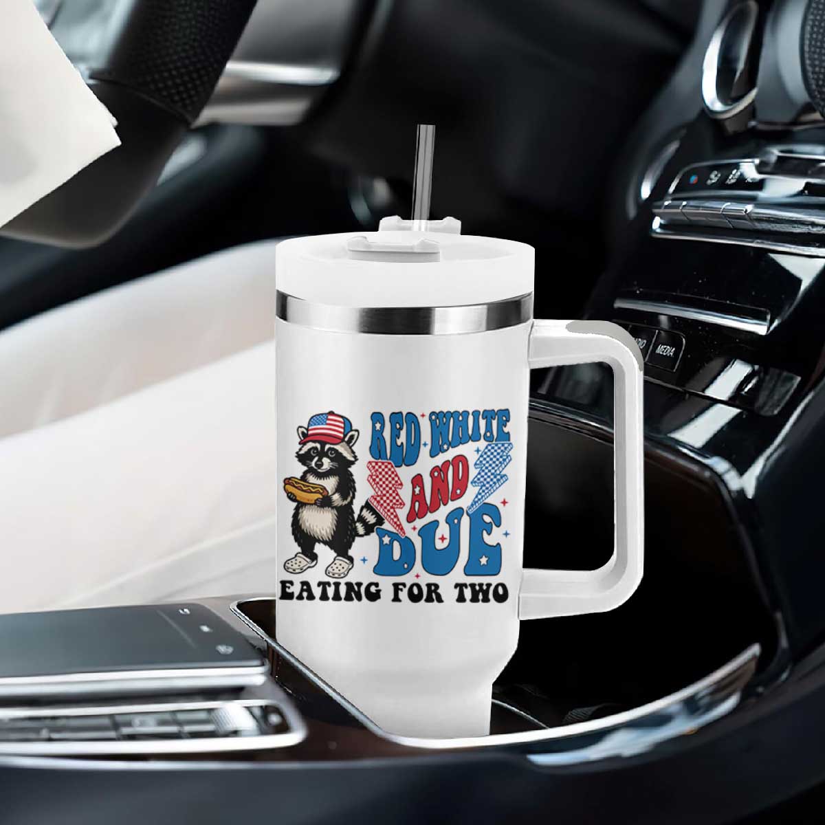 Funny 4th Of July Pregnancy Announcement Racoon Tumbler With Handle Red White And Due Eating For Two TS11 Print Your Wear