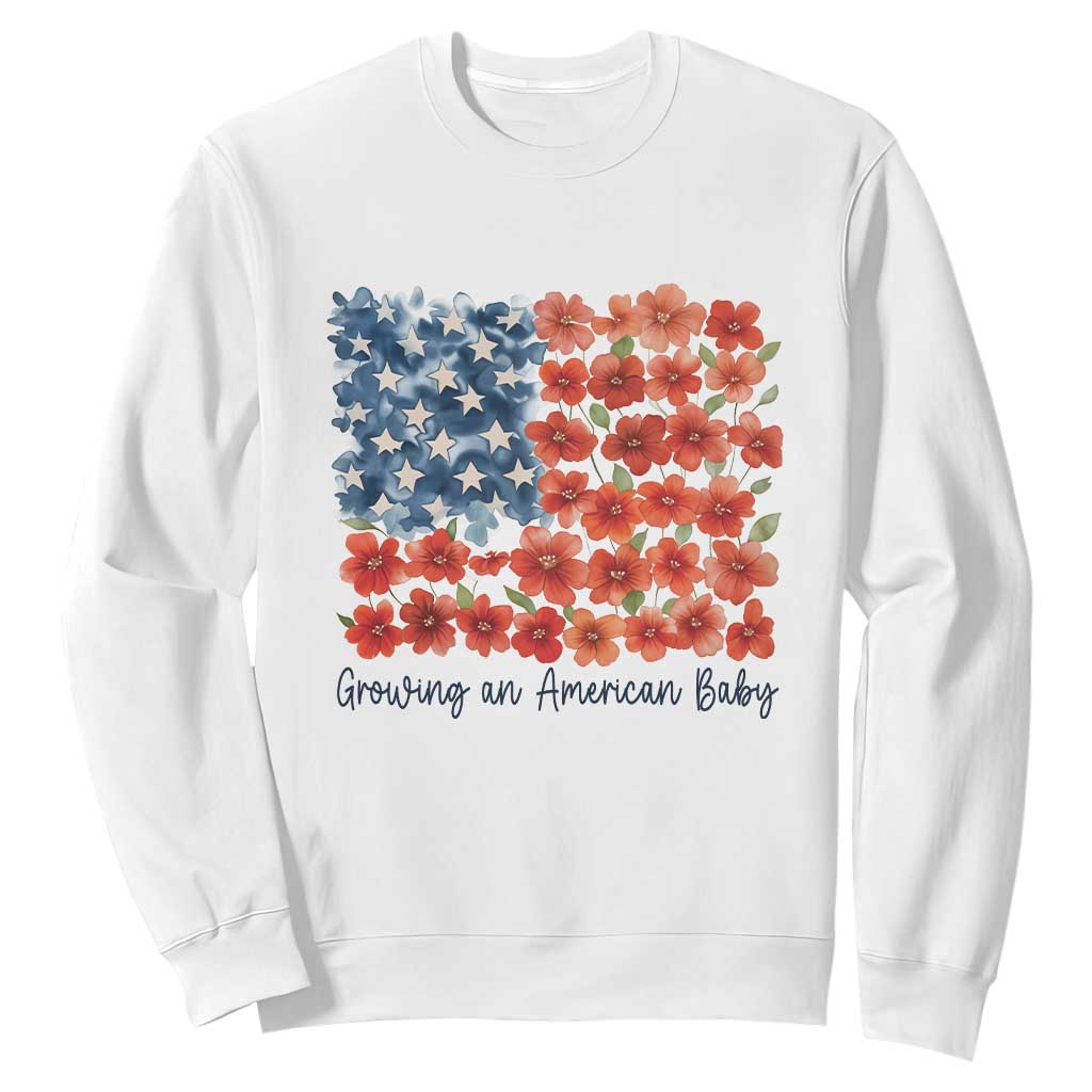 Funny 4th Of July Pregnancy Announcement Sweatshirt Growing An American Baby USA Flag Flowers TS11 White Print Your Wear