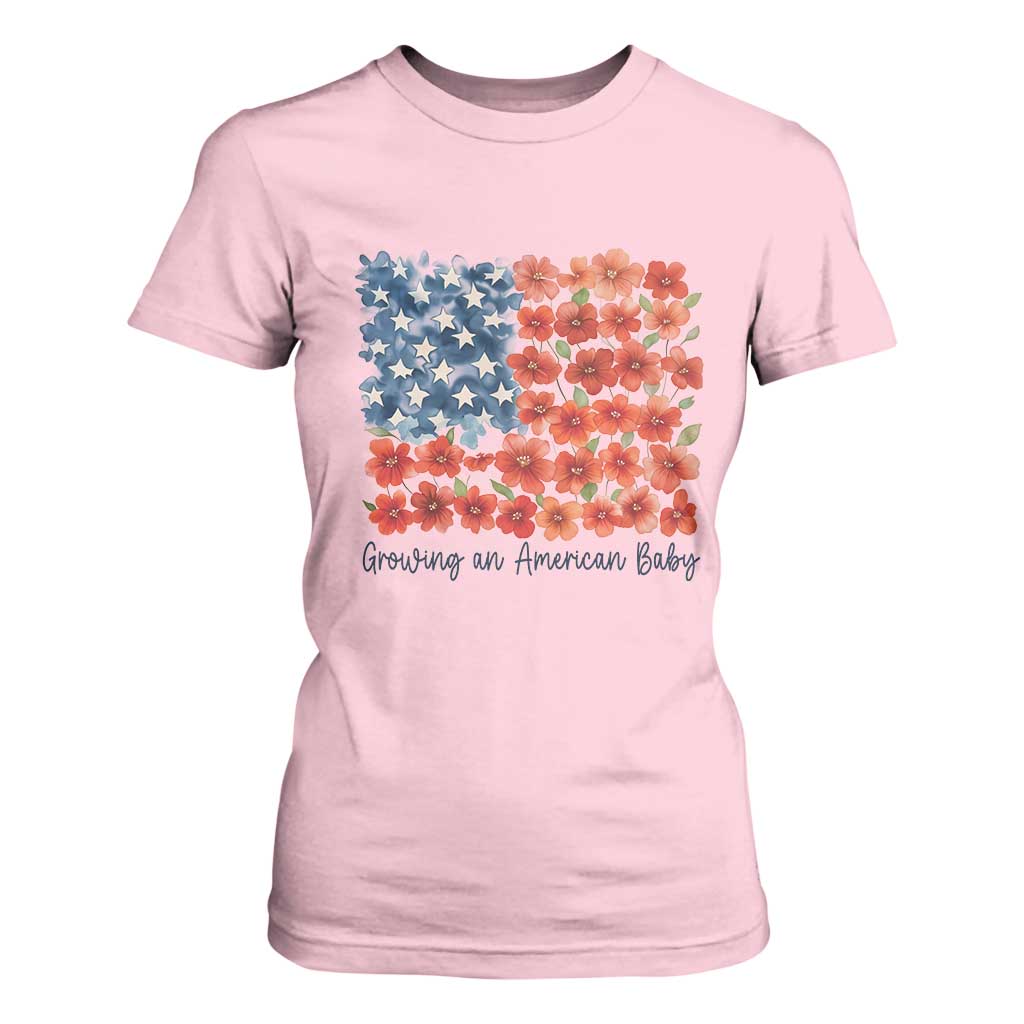 Funny 4th Of July Pregnancy Announcement T Shirt For Women Growing An American Baby USA Flag Flowers TS11 Light Pink Print Your Wear