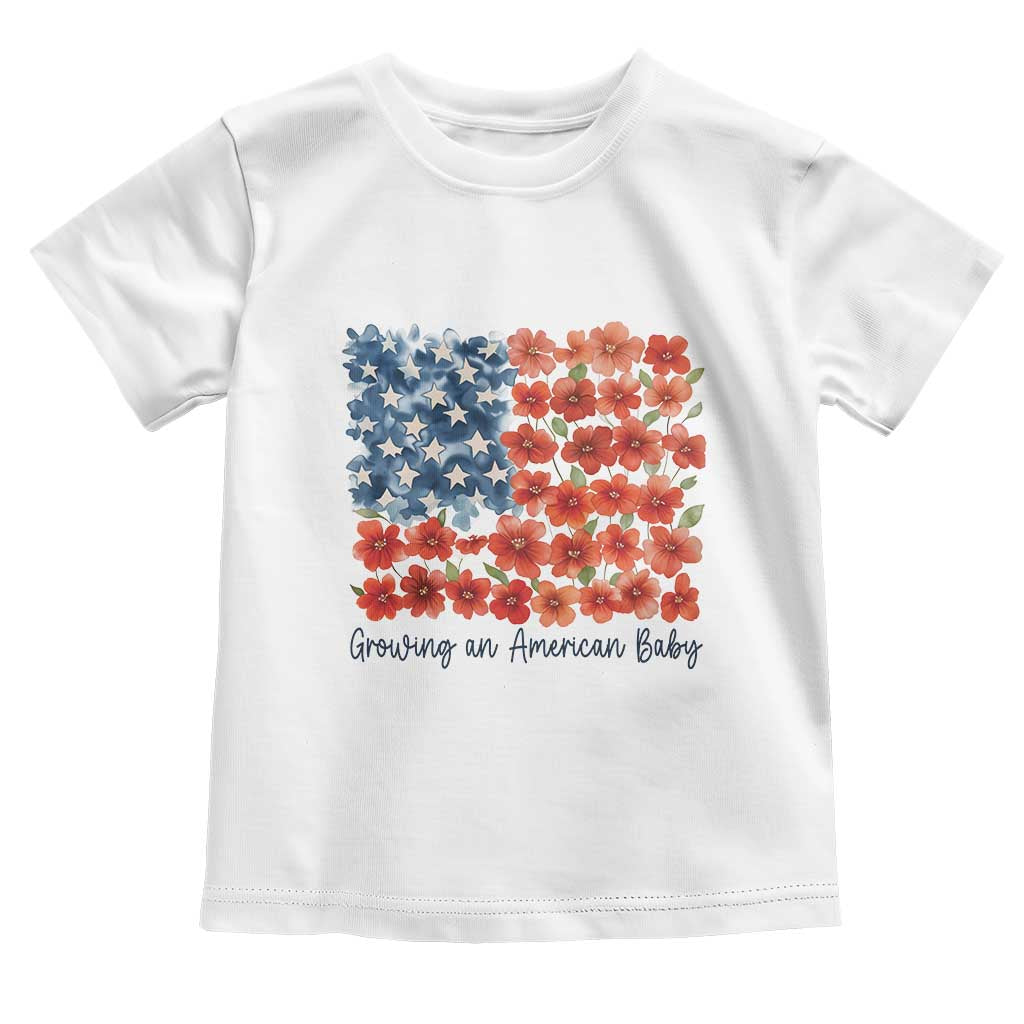 Funny 4th Of July Pregnancy Announcement Toddler T Shirt Growing An American Baby USA Flag Flowers TS11 White Print Your Wear