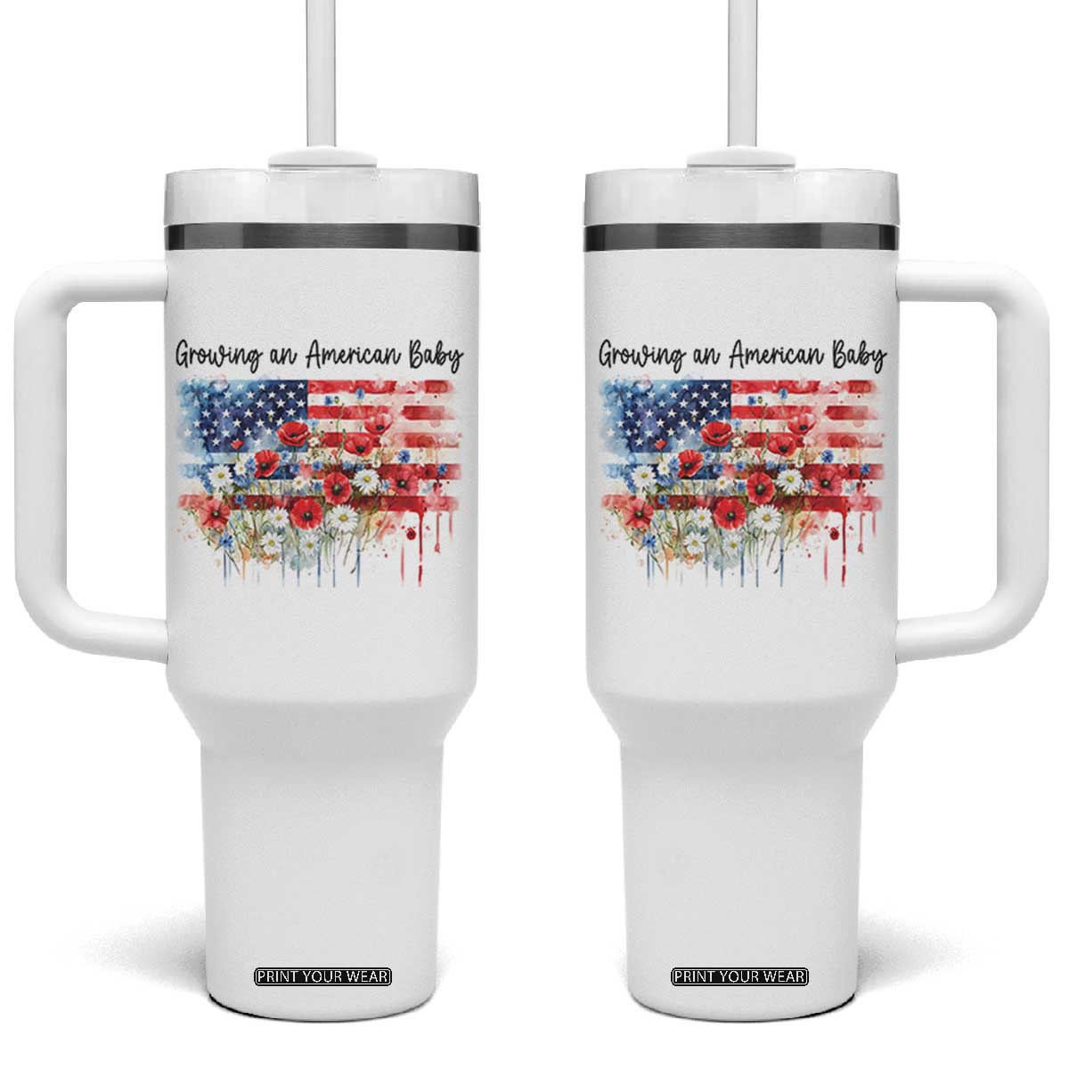 Funny 4th Of July Pregnancy Announcement Tumbler With Handle Growing An American Baby USA Flag TS11 One Size: 40 oz White Print Your Wear