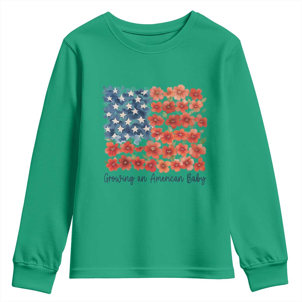 Funny 4th Of July Pregnancy Announcement Youth Sweatshirt Growing An American Baby USA Flag Flowers TS11 Irish Green Print Your Wear