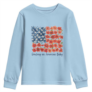 Funny 4th Of July Pregnancy Announcement Youth Sweatshirt Growing An American Baby USA Flag Flowers TS11 Light Blue Print Your Wear