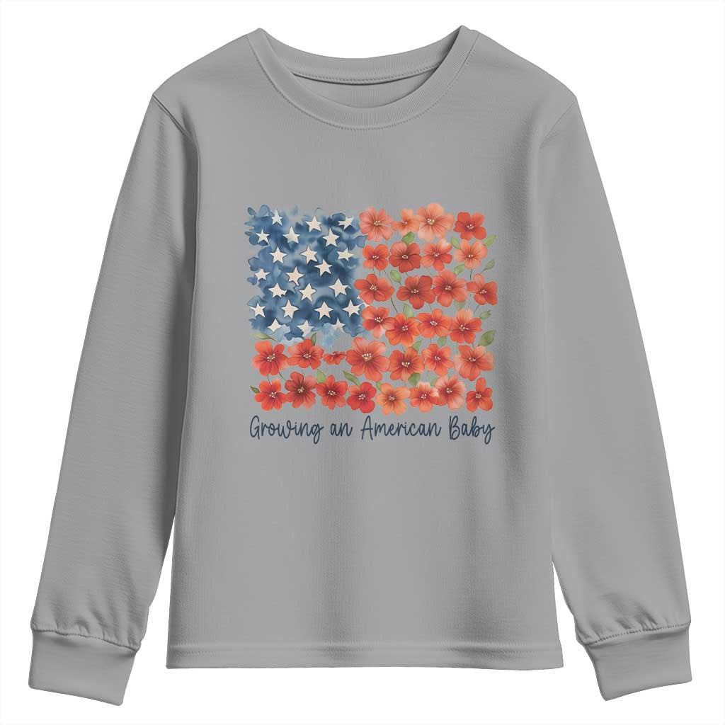 Funny 4th Of July Pregnancy Announcement Youth Sweatshirt Growing An American Baby USA Flag Flowers TS11 Sport Gray Print Your Wear