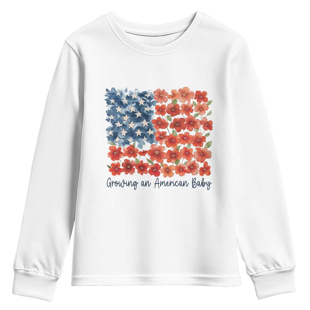 Funny 4th Of July Pregnancy Announcement Youth Sweatshirt Growing An American Baby USA Flag Flowers TS11 White Print Your Wear