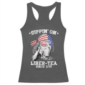 Funny 4th Of July Racerback Tank Top Sippin On Liber Tea Liberty Ben Franklin 1776 USA Flag TS10 Dark Heather Print Your Wear
