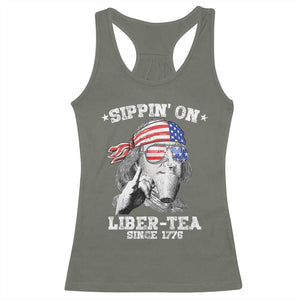 Funny 4th Of July Racerback Tank Top Sippin On Liber Tea Liberty Ben Franklin 1776 USA Flag TS10 Military Green Print Your Wear