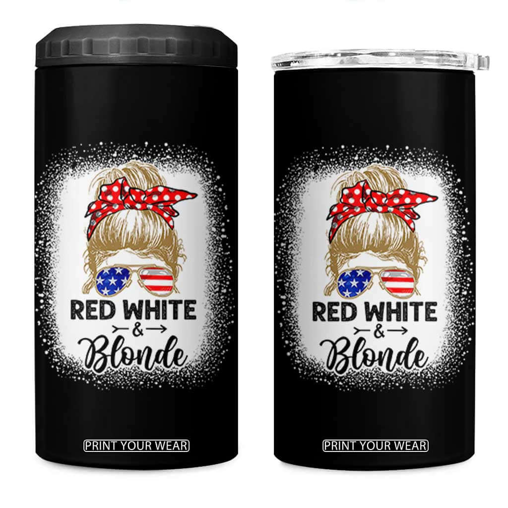 Funny 4th Of July Red White And Blonde 4 in 1 Can Cooler Tumbler Messy Bun Girl American Flag Sunglasses TS11 One Size: 16 oz Black Print Your Wear