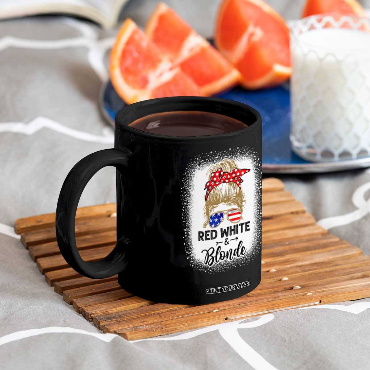 Funny 4th Of July Red White And Blonde Coffee Mug Messy Bun Girl American Flag Sunglasses TS11 Print Your Wear