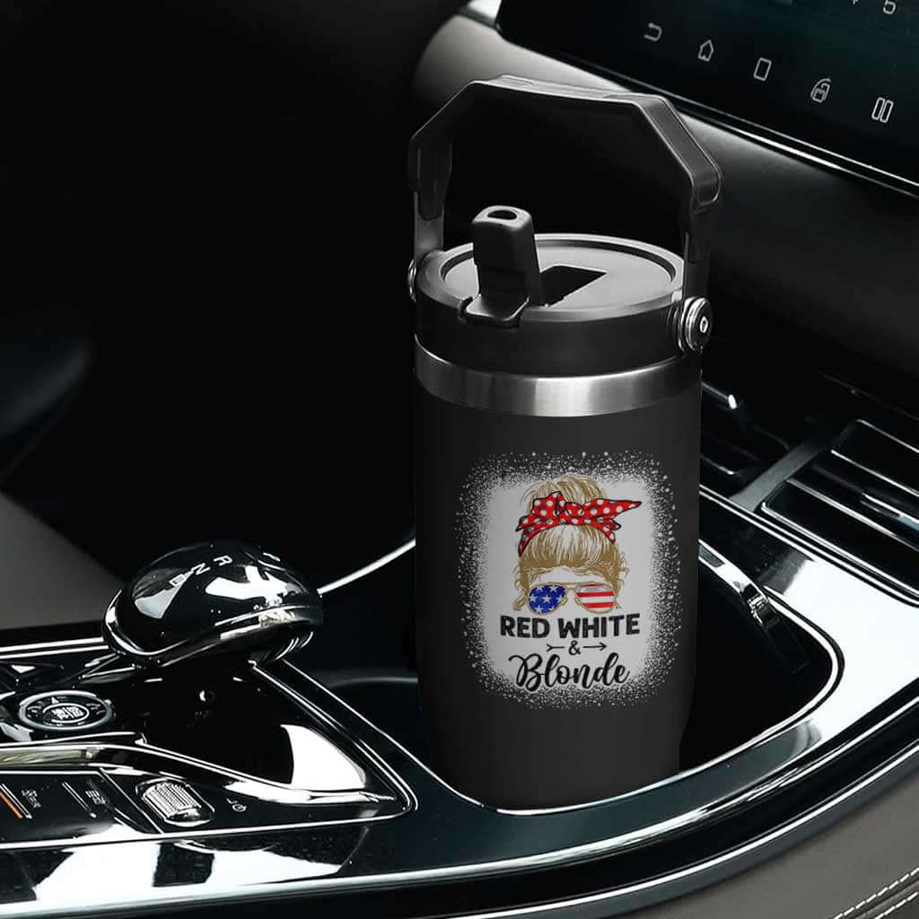 Funny 4th Of July Red White And Blonde Flip Straw Tumbler Messy Bun Girl American Flag Sunglasses TS11 Print Your Wear