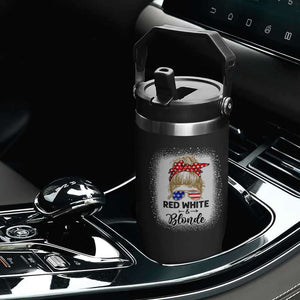 Funny 4th Of July Red White And Blonde Flip Straw Tumbler Messy Bun Girl American Flag Sunglasses TS11 Print Your Wear