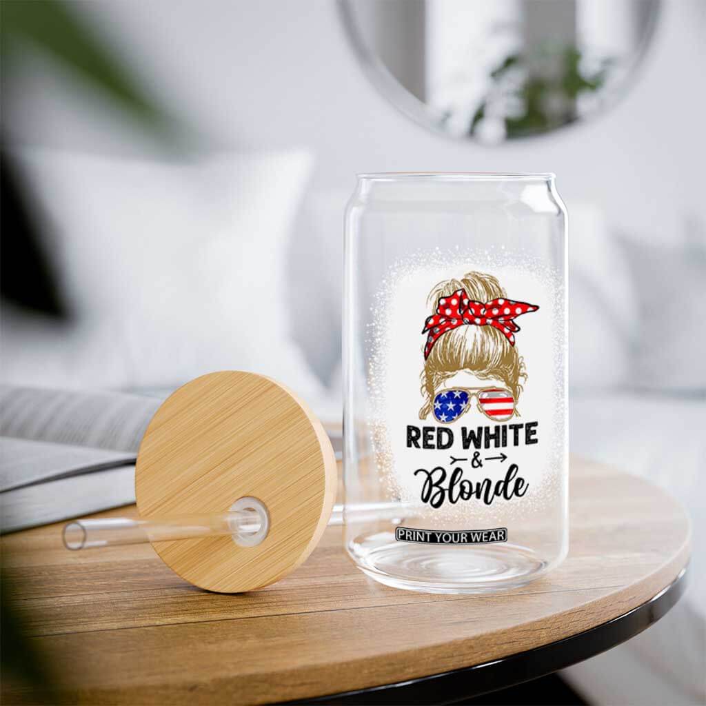 Funny 4th Of July Red White And Blonde Glass Can Messy Bun Girl American Flag Sunglasses TS11 Print Your Wear