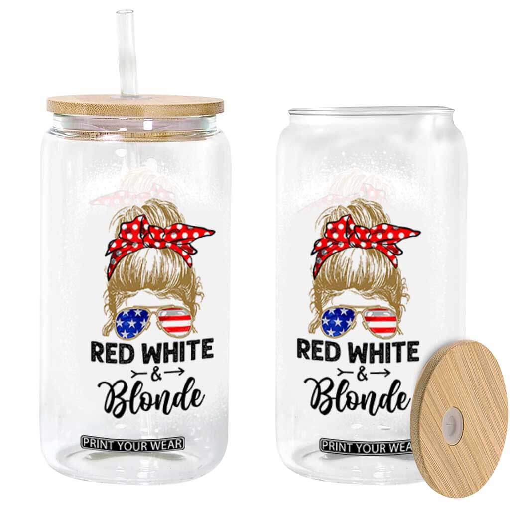 Funny 4th Of July Red White And Blonde Glass Can Messy Bun Girl American Flag Sunglasses TS11 Black Print Your Wear