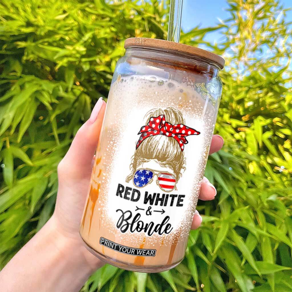Funny 4th Of July Red White And Blonde Glass Can Messy Bun Girl American Flag Sunglasses TS11 Print Your Wear