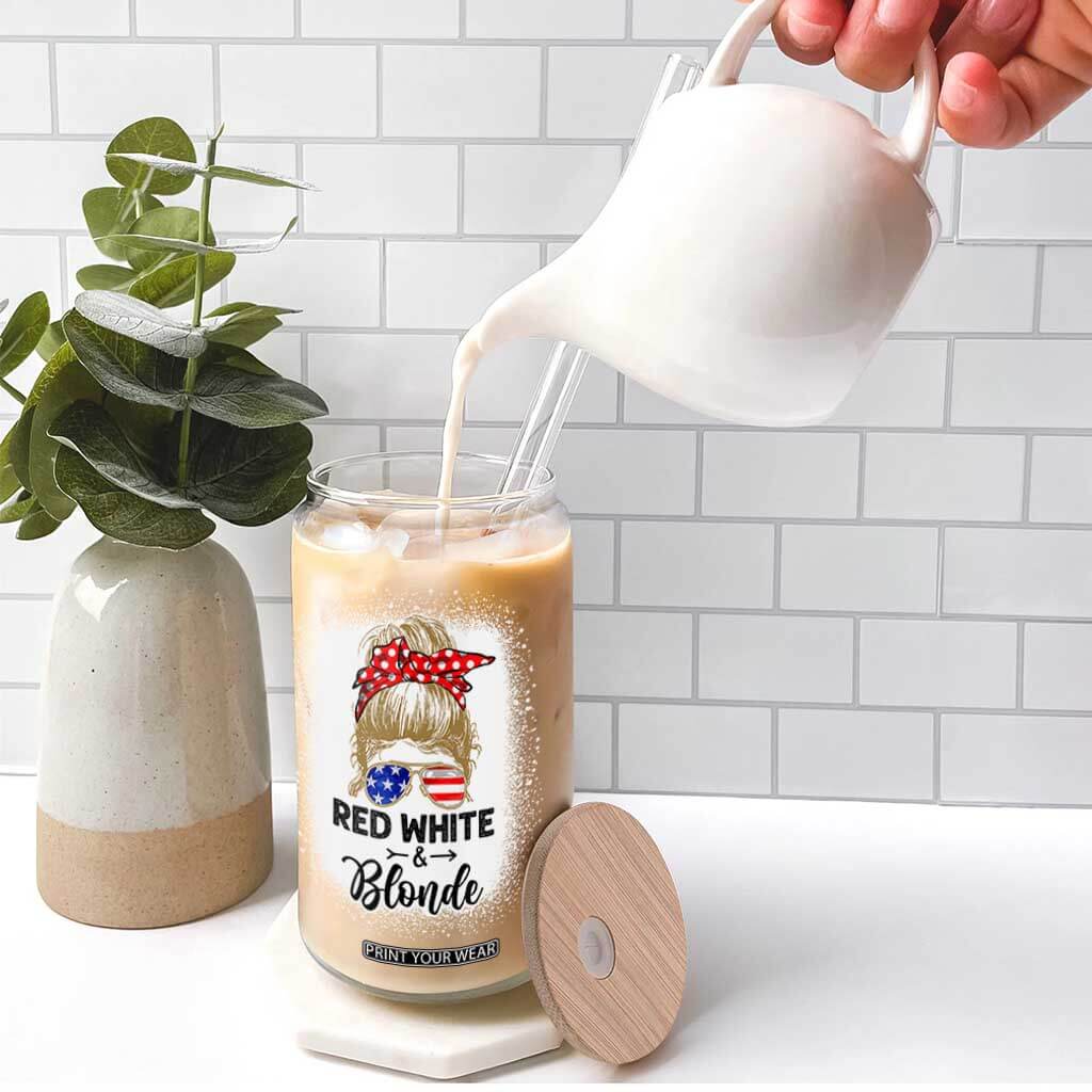 Funny 4th Of July Red White And Blonde Glass Can Messy Bun Girl American Flag Sunglasses TS11 Print Your Wear