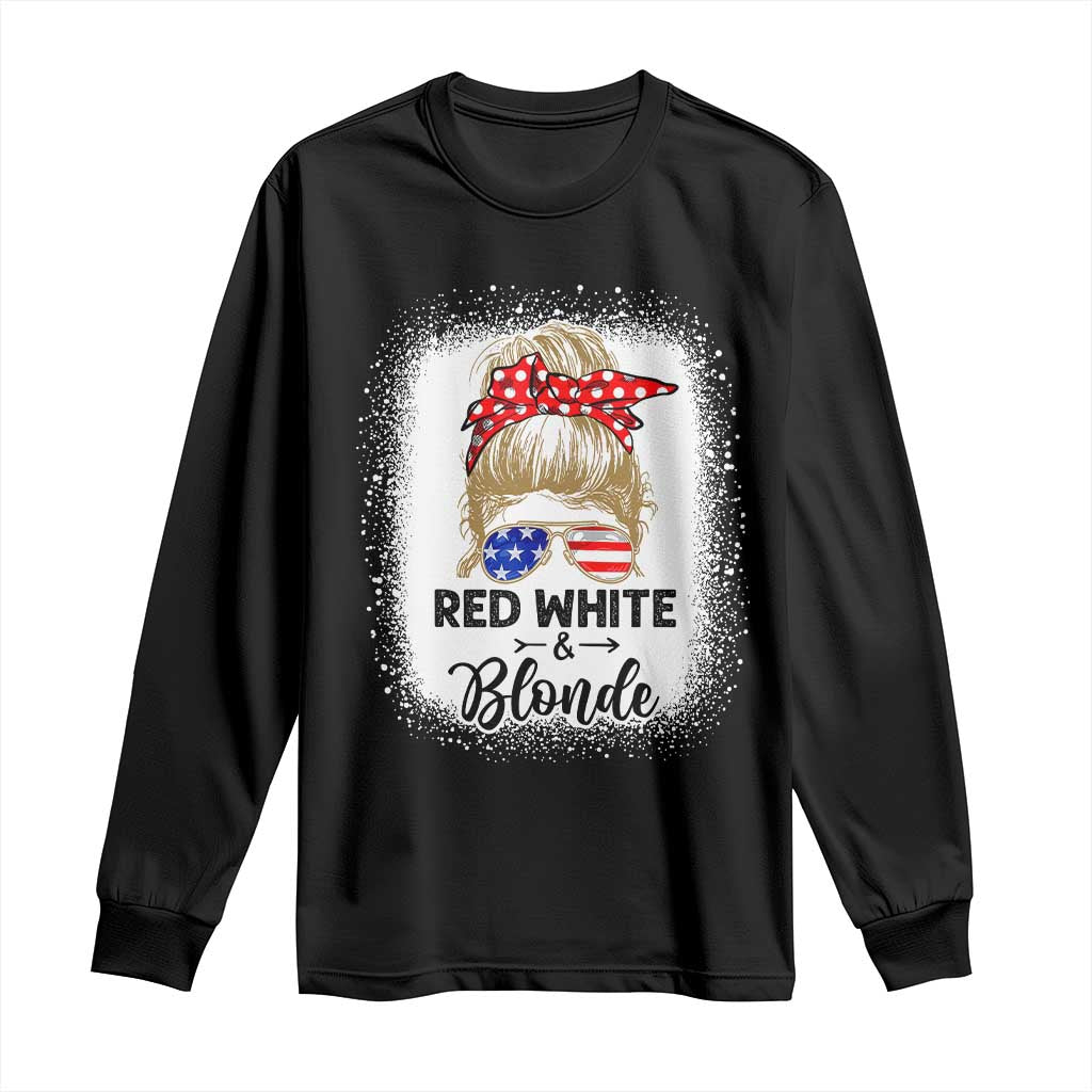 Funny 4th Of July Red White And Blonde Long Sleeve Shirt Messy Bun Girl American Flag Sunglasses TS11 Black Print Your Wear