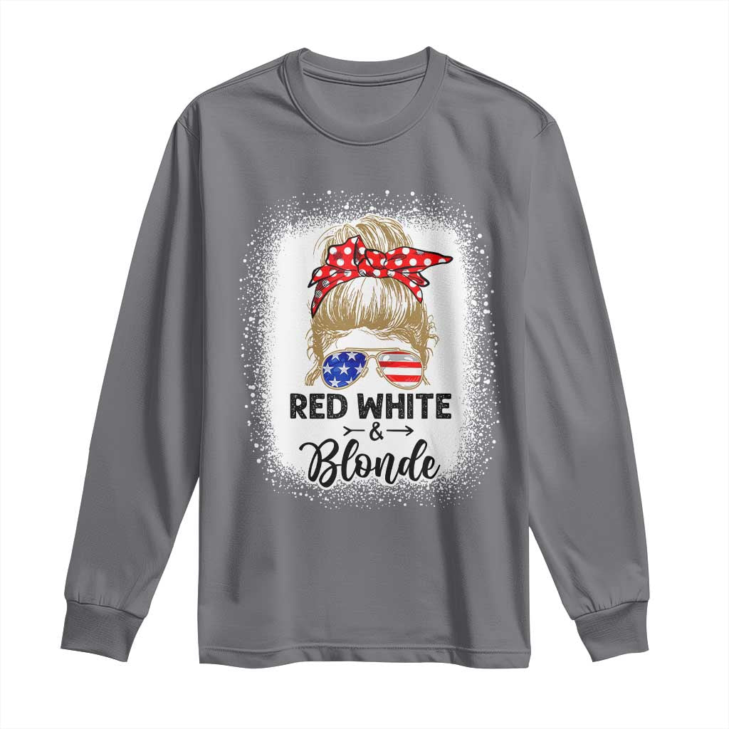 Funny 4th Of July Red White And Blonde Long Sleeve Shirt Messy Bun Girl American Flag Sunglasses TS11 Charcoal Print Your Wear