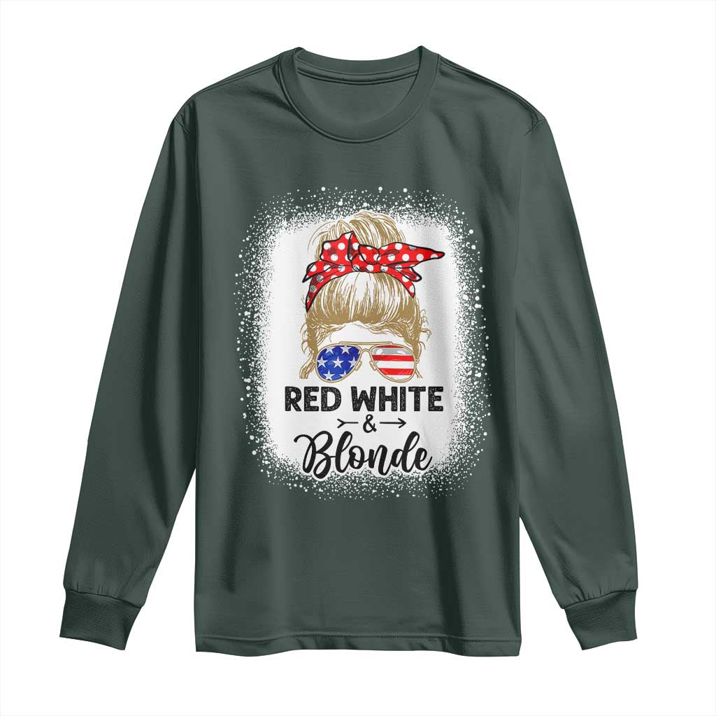 Funny 4th Of July Red White And Blonde Long Sleeve Shirt Messy Bun Girl American Flag Sunglasses TS11 Dark Forest Green Print Your Wear