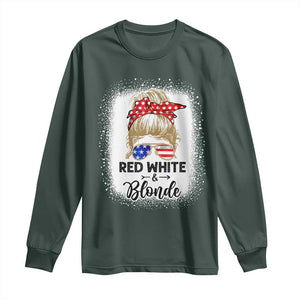 Funny 4th Of July Red White And Blonde Long Sleeve Shirt Messy Bun Girl American Flag Sunglasses TS11 Dark Forest Green Print Your Wear
