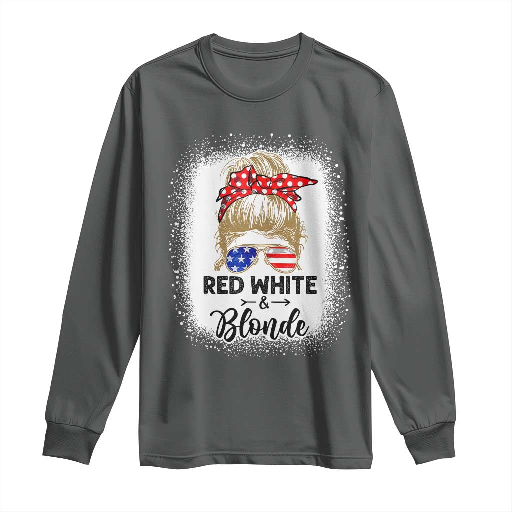 Funny 4th Of July Red White And Blonde Long Sleeve Shirt Messy Bun Girl American Flag Sunglasses TS11 Dark Heather Print Your Wear