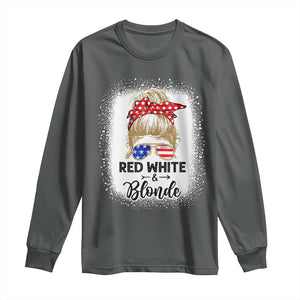 Funny 4th Of July Red White And Blonde Long Sleeve Shirt Messy Bun Girl American Flag Sunglasses TS11 Dark Heather Print Your Wear