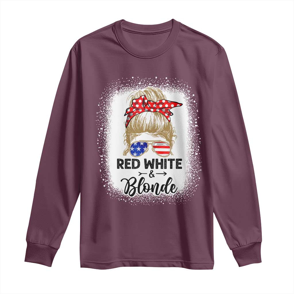 Funny 4th Of July Red White And Blonde Long Sleeve Shirt Messy Bun Girl American Flag Sunglasses TS11 Maroon Print Your Wear