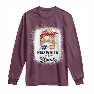 Funny 4th Of July Red White And Blonde Long Sleeve Shirt Messy Bun Girl American Flag Sunglasses TS11 Maroon Print Your Wear
