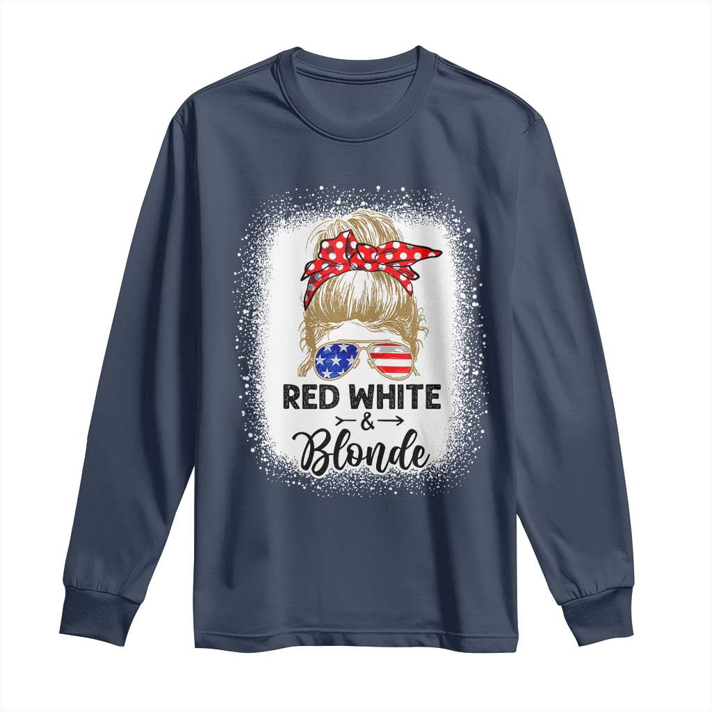 Funny 4th Of July Red White And Blonde Long Sleeve Shirt Messy Bun Girl American Flag Sunglasses TS11 Navy Print Your Wear