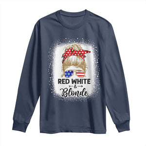 Funny 4th Of July Red White And Blonde Long Sleeve Shirt Messy Bun Girl American Flag Sunglasses TS11 Navy Print Your Wear