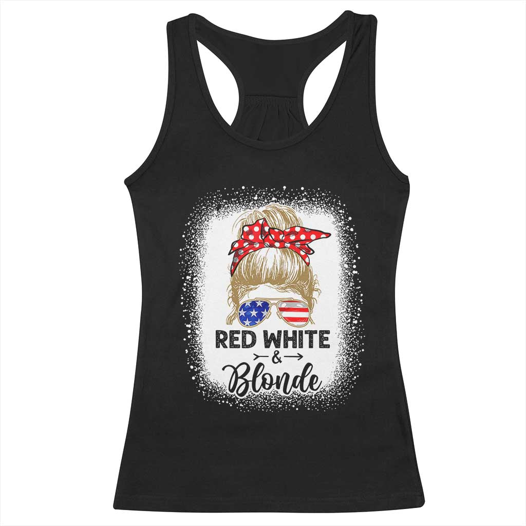 Funny 4th Of July Red White And Blonde Racerback Tank Top Messy Bun Girl American Flag Sunglasses TS11 Black Print Your Wear