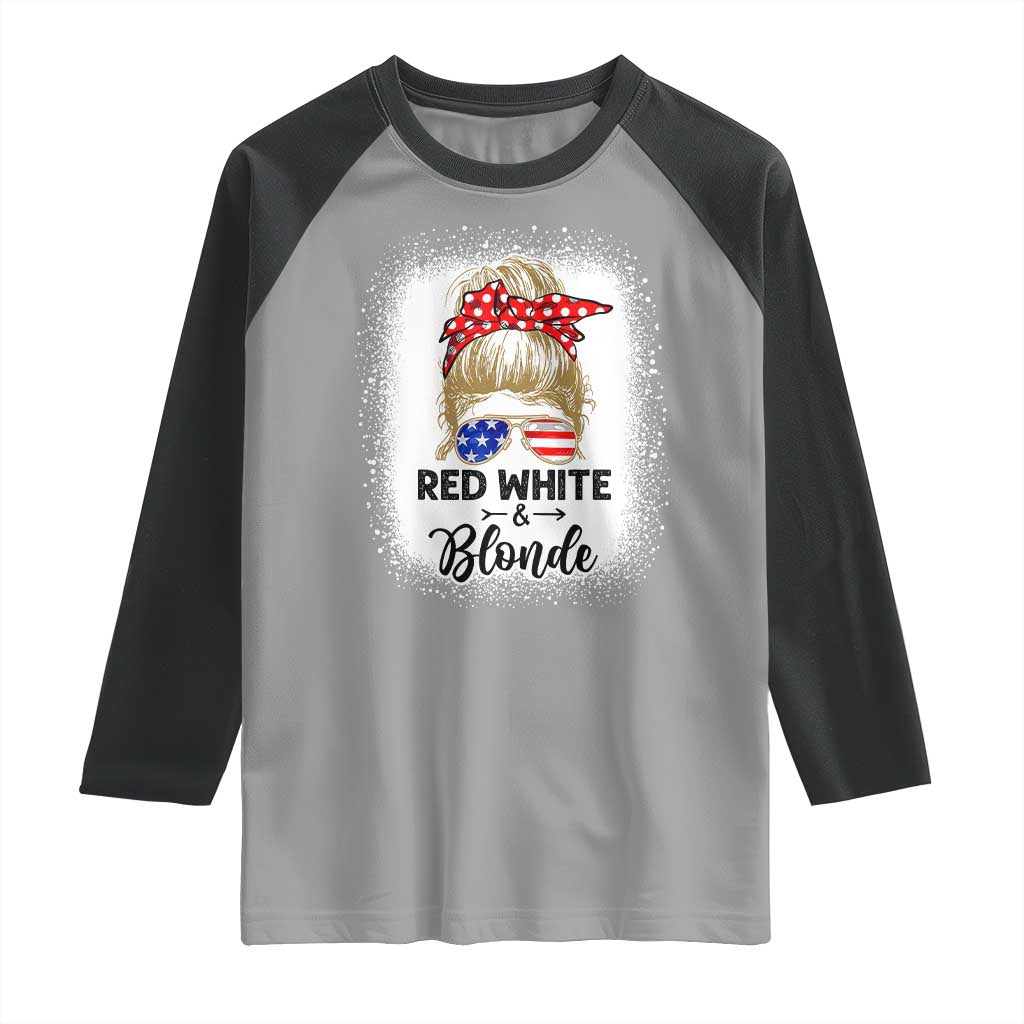 Funny 4th Of July Red White And Blonde Raglan Shirt Messy Bun Girl American Flag Sunglasses TS11 Sport Gray Black Print Your Wear