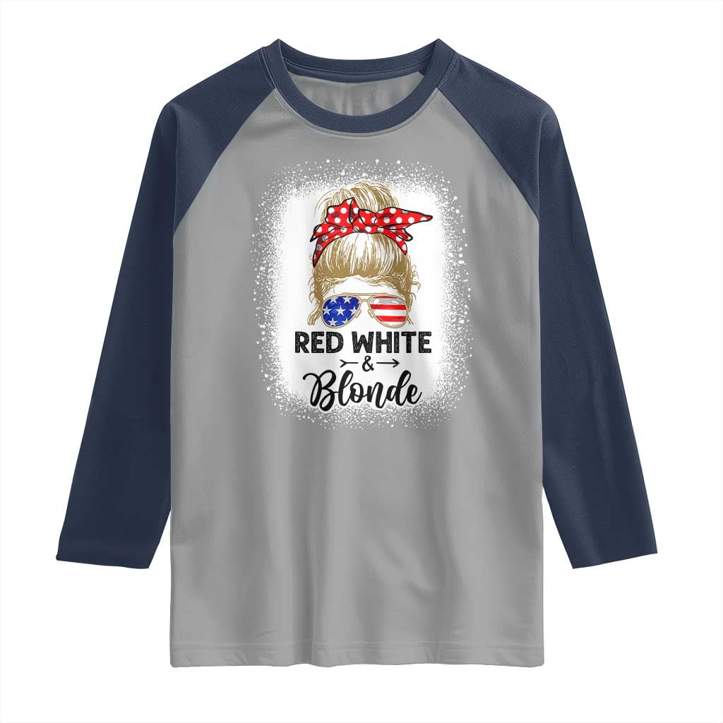 Funny 4th Of July Red White And Blonde Raglan Shirt Messy Bun Girl American Flag Sunglasses TS11 Sport Gray Navy Print Your Wear