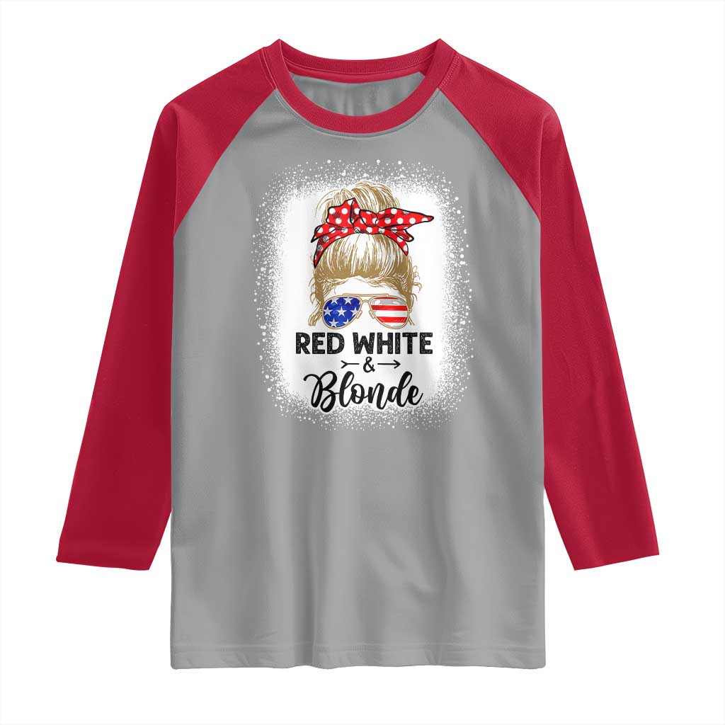 Funny 4th Of July Red White And Blonde Raglan Shirt Messy Bun Girl American Flag Sunglasses TS11 Sport Gray Red Print Your Wear