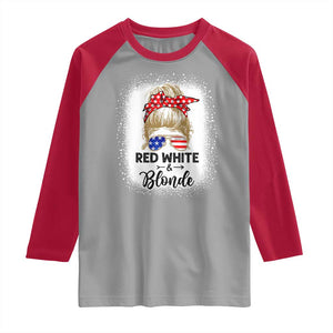 Funny 4th Of July Red White And Blonde Raglan Shirt Messy Bun Girl American Flag Sunglasses TS11 Sport Gray Red Print Your Wear