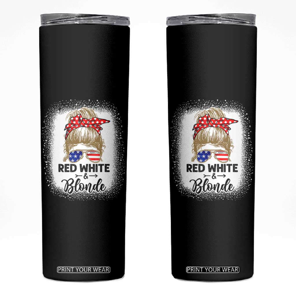 Funny 4th Of July Red White And Blonde Skinny Tumbler Messy Bun Girl American Flag Sunglasses TS11 Black Print Your Wear