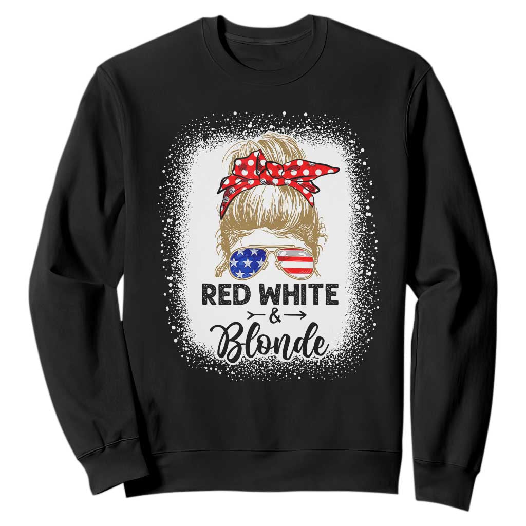 Funny 4th Of July Red White And Blonde Sweatshirt Messy Bun Girl American Flag Sunglasses TS11 Black Print Your Wear